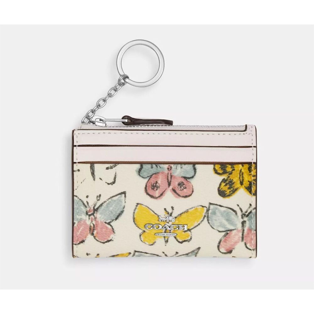 NWT COACH Mini Skinny Id Cardholder Case & Keychain w Butterfly Print CAR22